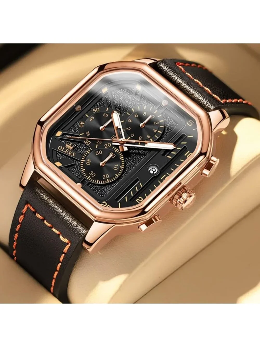 Men's Black Quartz Leather Strap Waterproof Casual Square Dial Date Wrist Watch